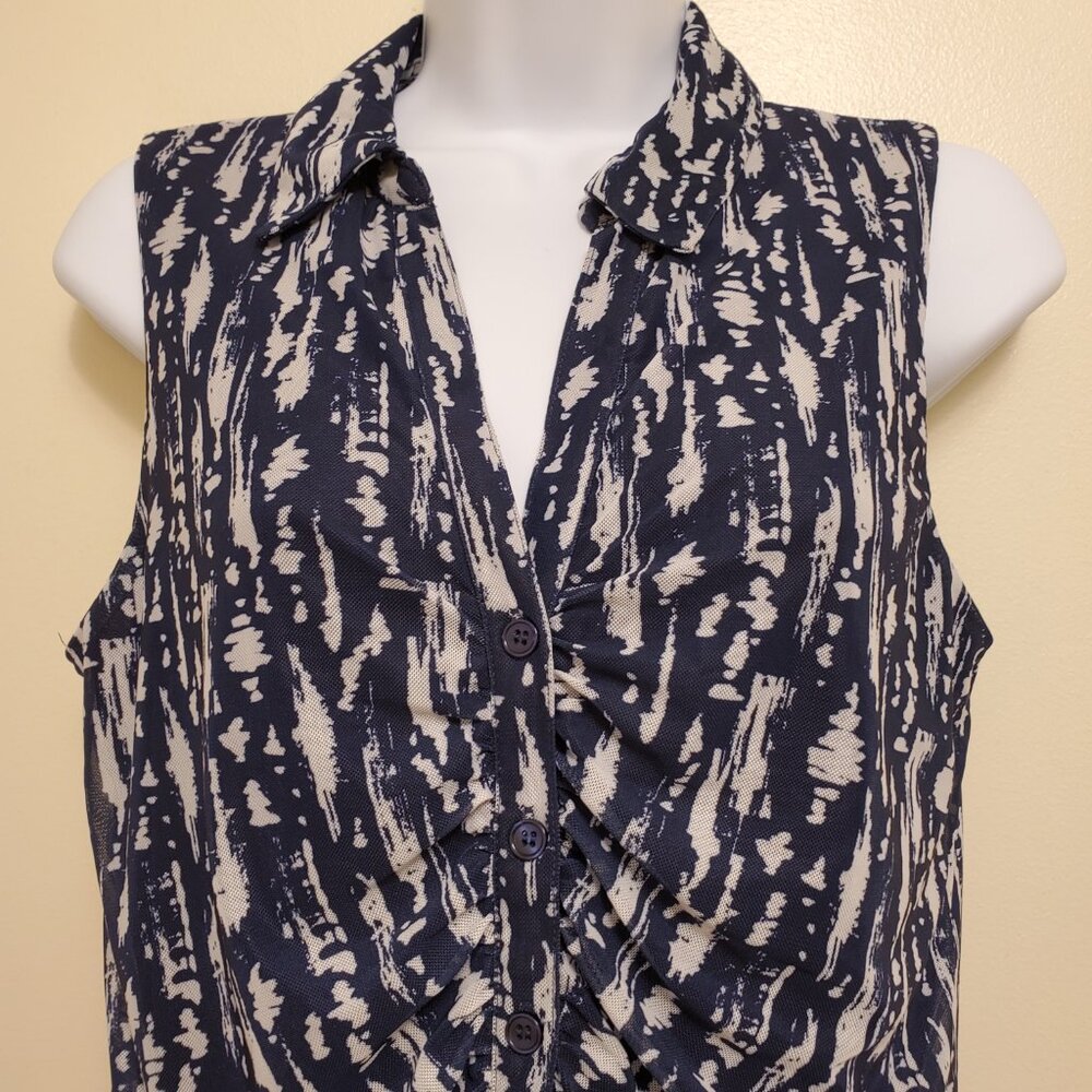 Cable & Gauge Blue Patterned Sleeveless Button Front V-Neck Collared Top - M - Picture 3 of 11